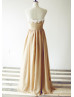 Champagne Chiffon Ivory Lace Maxi Prom Dress